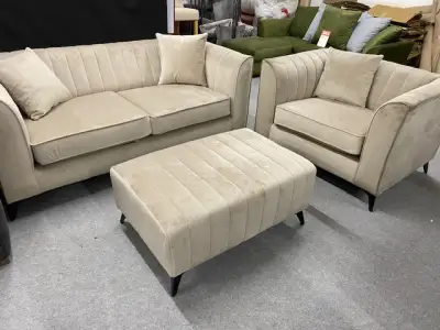 Chesterfield style 3 + love chair + footstool in mink plush velvet